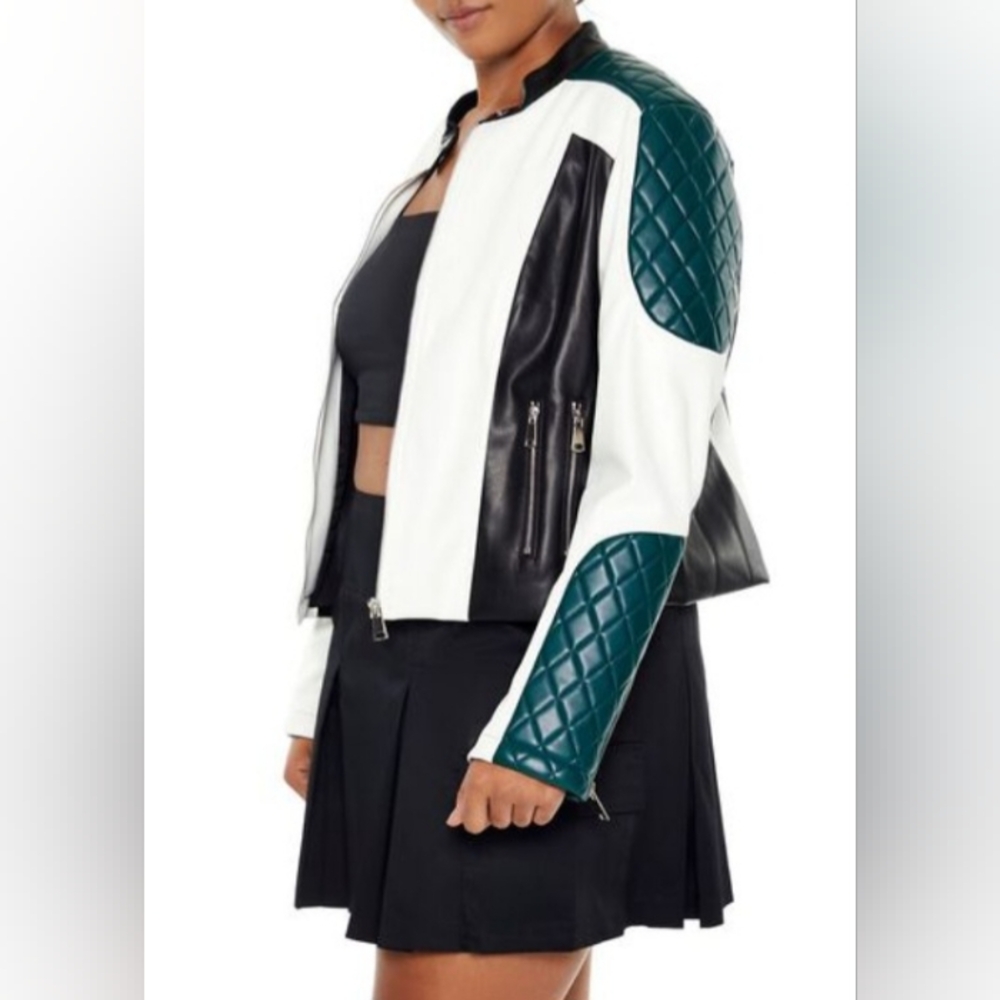 NWT Forever21+ Black/White/Green Colorblock Faux Leather Moto Jacket Size 3X